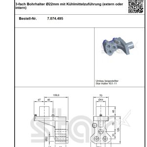 STAR 3-fach Bohrhalter Ø22mm mit Kühlmittelzuführung (extern oder intern) IntNr231121