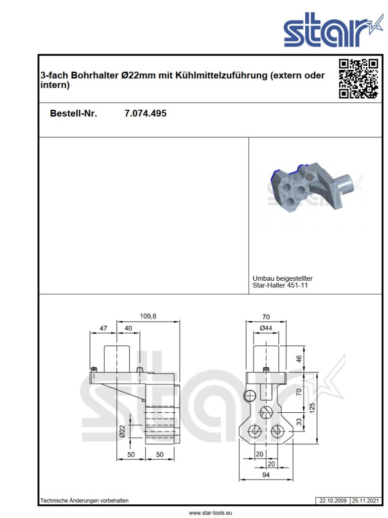 STAR 3-fach Bohrhalter Ø22mm mit Kühlmittelzuführung (extern oder intern) IntNr231121